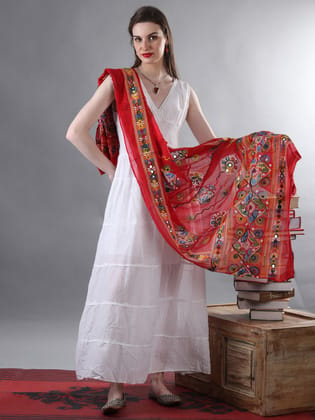 Flame-Red Printed Dupatta from Kutch with Hand-Embroidered Floral and Mirrors