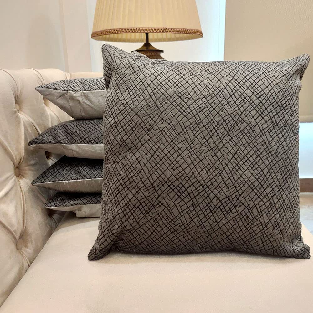 GOODVIBES Grey Damask/Self Design/Woven Geometric Zipper Square Combo Cushion Covers (16x16 inch or 40 x 40 cm) Set of 5
