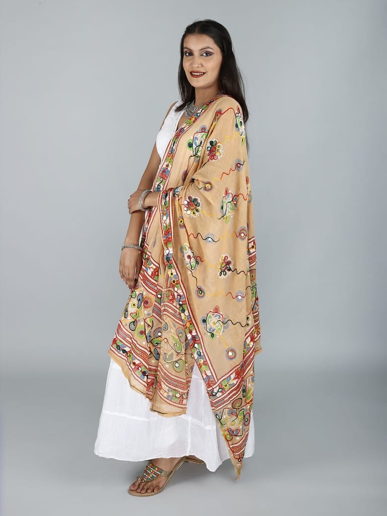 Beige Printed Dupatta from Kutch with Hand-Embroidered Florals and Mirrors - Dupattas & Shawls | Buy online on ZillyBuy