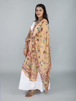 Beige Printed Dupatta from Kutch with Hand-Embroidered Florals and Mirrors