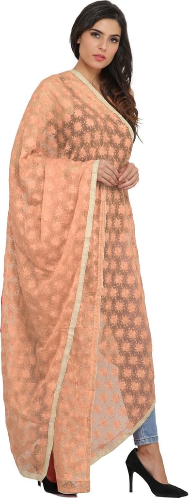 Peach-Nectar Phulkari Extra-Wide Dupatta from Punjab with Embroidered Bootis in Self-color Thread - Dupattas & Shawls | Buy online on ZillyBuy