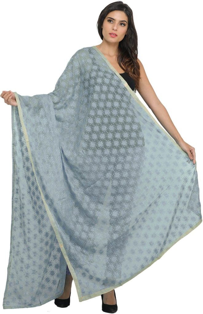 Neutral-Gray Phulkari Extra-Wide Dupatta from Punjab with Embroidered Bootis in Self-color Thread - Dupattas & Shawls | Buy online on ZillyBuy
