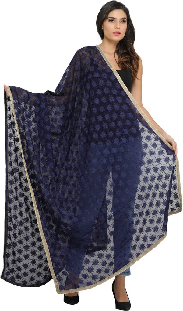 Patriot-Blue Phulkari Extra-Wide Dupatta from Punjab with Embroidered Bootis in Self-color Thread - Dupattas & Shawls | Buy online on ZillyBuy