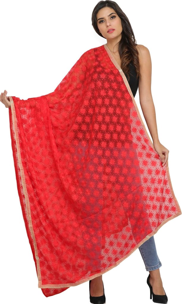 Cayenne-Red Phulkari Extra-Wide Dupatta from Punjab with Embroidered Bootis in Self-color Thread - Dupattas & Shawls | Buy online on ZillyBuy