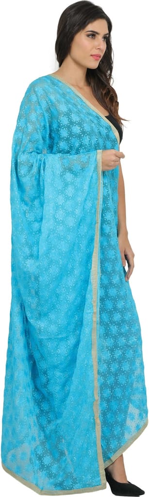 Blue-Atoll Phulkari Extra-Wide Dupatta from Punjab with Embroidered Bootis in Self-color Thread - Dupattas & Shawls | Buy online on ZillyBuy