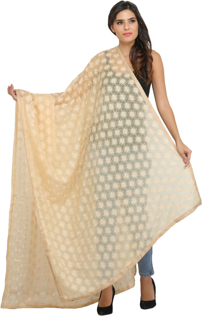 Italian-Straw Phulkari Extra-Wide Dupatta from Punjab with Embroidered Bootis in Self-color Thread - Dupattas & Shawls | Buy online on ZillyBuy