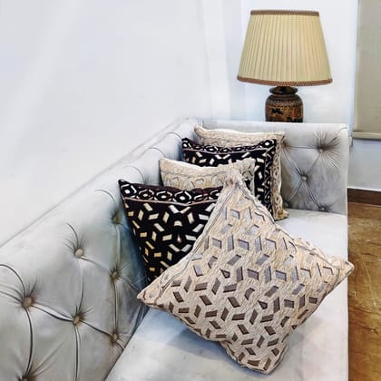 Beige Black Damask Geometric Woven Zipper Square Cushion Covers (16x16 inch or 40 x 40 cm) Set of 5
