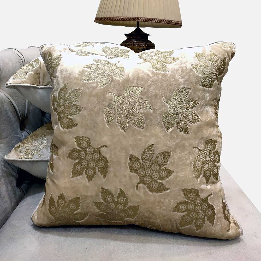 GOODVIBES Cream Ivory Cushion Cover with Leaf Zari Embroidered Stitched Zippered Velvet Cushion Cover (Off White ) | 24X24 Inches | 60cm * 60 cm I Set of 3| - Kurtas & Kurta Sets | Buy online on ZillyBuy