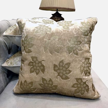 GOODVIBES Cream Ivory Cushion Cover with Leaf Zari Embroidered Stitched Zippered Velvet Cushion Cover (Off White ) | 24X24 Inches | 60cm * 60 cm I Set of 3|