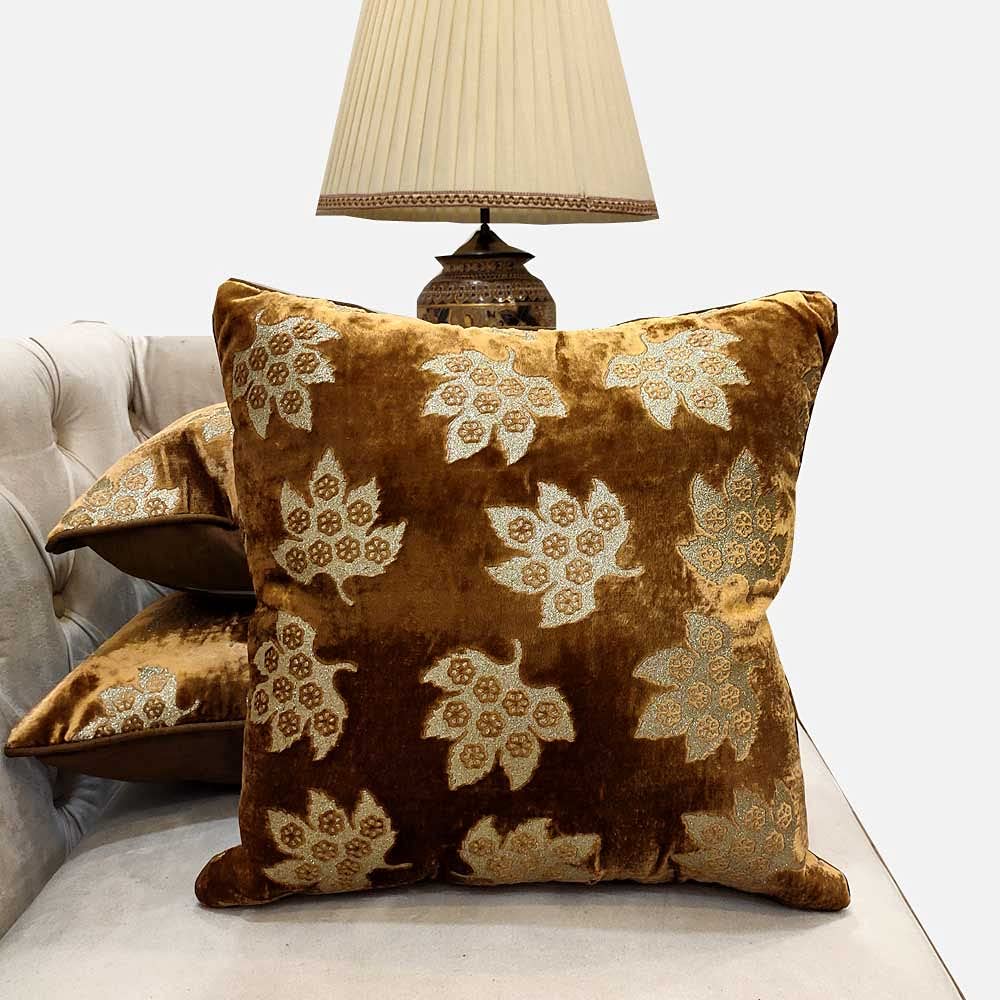 GOODVIBES Brown Golden Cushion Cover with Leaf Zari Embroidered Stitched Zippered Velvet Combo Cushion Cover | 24X24 Inches | 60cm * 60 cm I Set of 3|