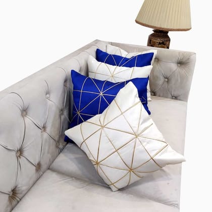 White Blue Combo Gold Leather Striped Patchwork Cushion Case Luxury Modern Throw Pillow Cover Decorative Pillow for Couch Living Room Bedroom Patches Cushion Cover (16X16 Inches, 40 cms*40 cms) - Pack of 5