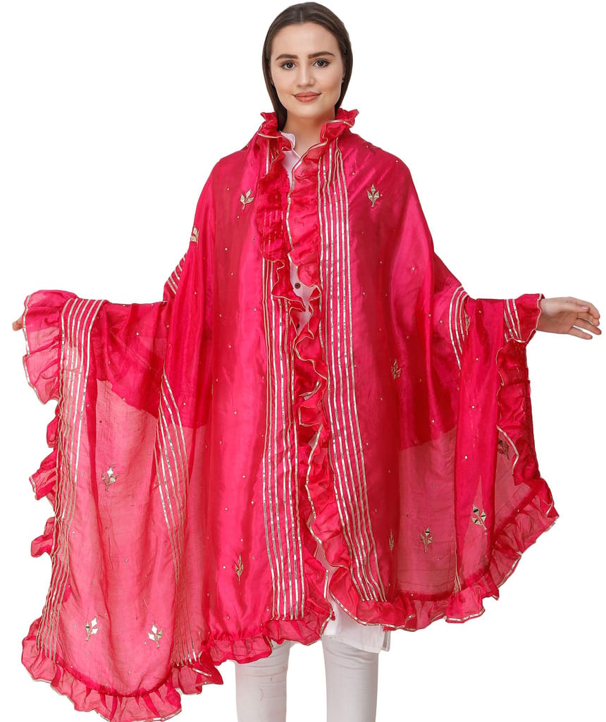 Bright-Rose Dupatta from Amritsar with Gota Patches and Frill Border - Dupattas & Shawls | Buy online on ZillyBuy