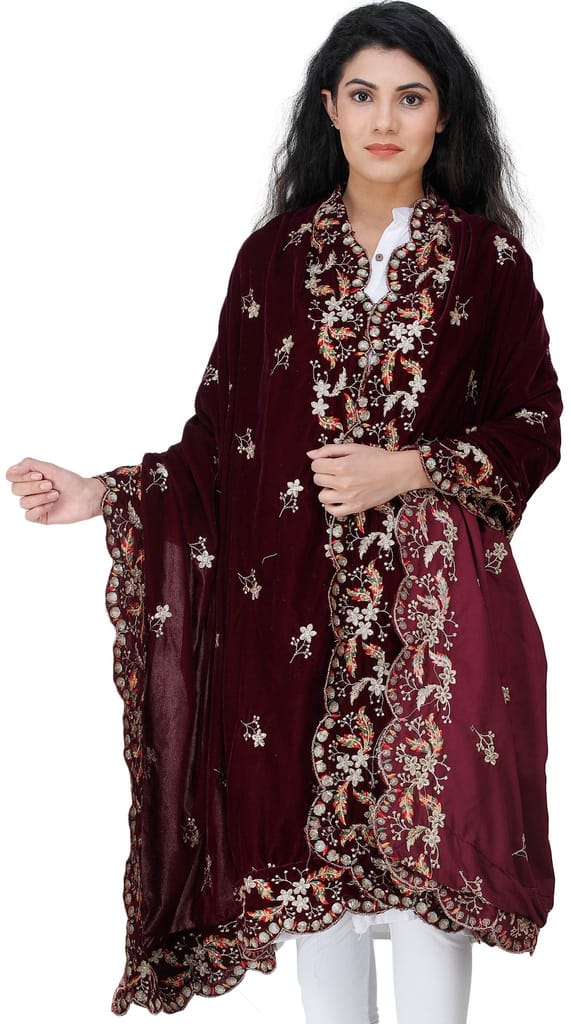 Tibetan-Red Velvet Dupatta from Amritsar with Embroidered Flowers and Sequins - Dupattas & Shawls | Buy online on ZillyBuy