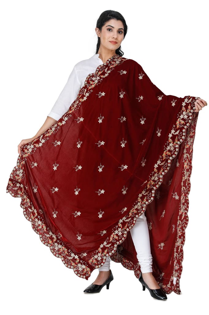 Oxblood-Red Velvet Dupatta from Amritsar with Embroidered Flowers and Sequins - Dupattas & Shawls | Buy online on ZillyBuy