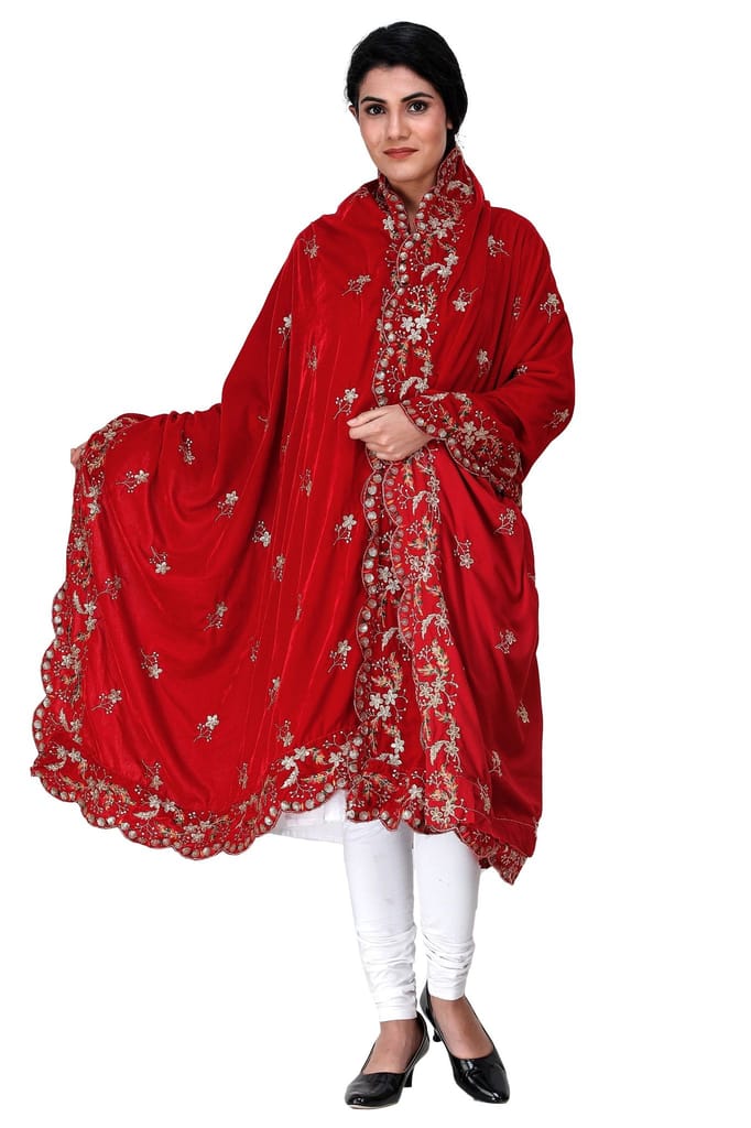 Garnet Velvet Dupatta from Amritsar with Embroidered Flowers and Sequins - Dupattas & Shawls | Buy online on ZillyBuy
