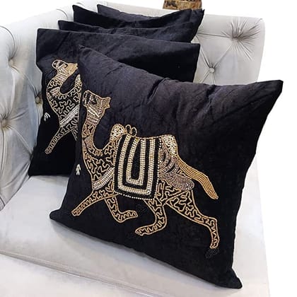 Black Set of 5 Ethnic Beaded Embroidered Square Combo Cushion Covers for Sofa Home Bedroom (16x16 inch or 40 x 40 cm)