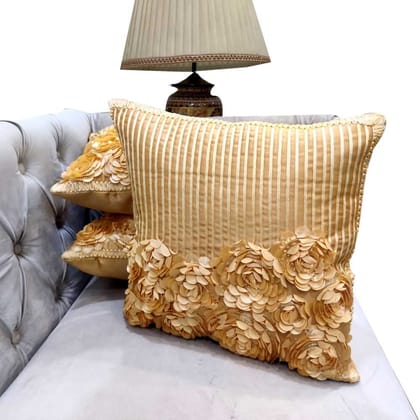 GOODVIBES Yellow Cream Golden Cushion Cover Floral Satin Stitched Zippered Cushion Cover | 16X16 Inches | 40cm * 40 cm I Set of 3|