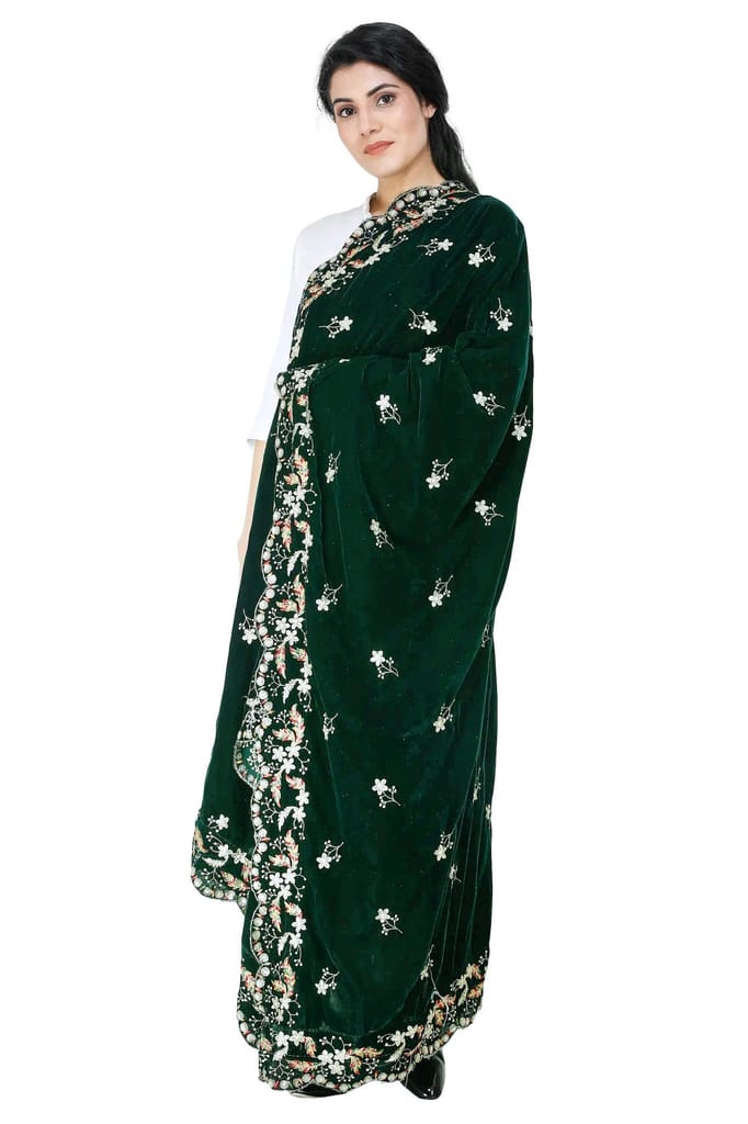 Deep-Forest Velvet Dupatta from Amritsar with Embroidered Flowers and Sequins - Dupattas & Shawls | Buy online on ZillyBuy