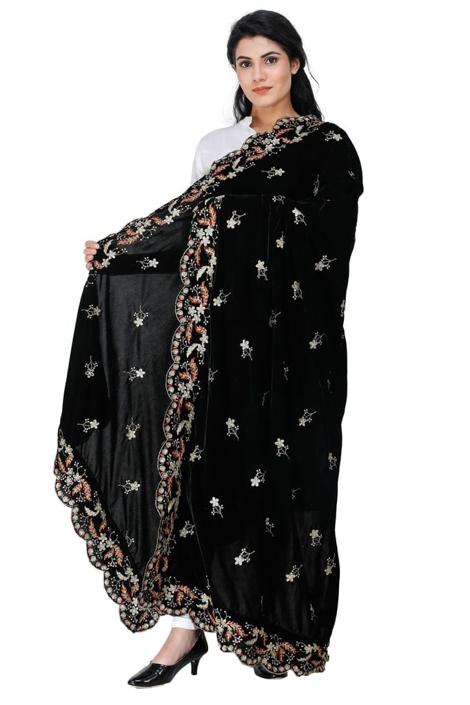 Black Velvet Dupatta from Amritsar with Embroidered Flowers and Sequins - Dupattas & Shawls | Buy online on ZillyBuy