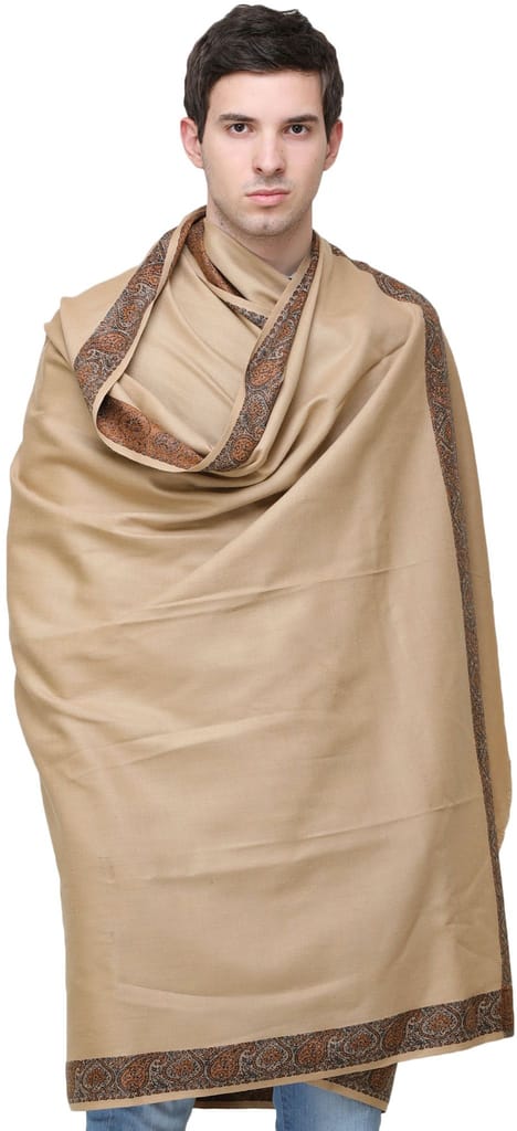 Khaki Plain Men's Shawl with Brown Woven Border - Dupattas & Shawls | Buy online on ZillyBuy