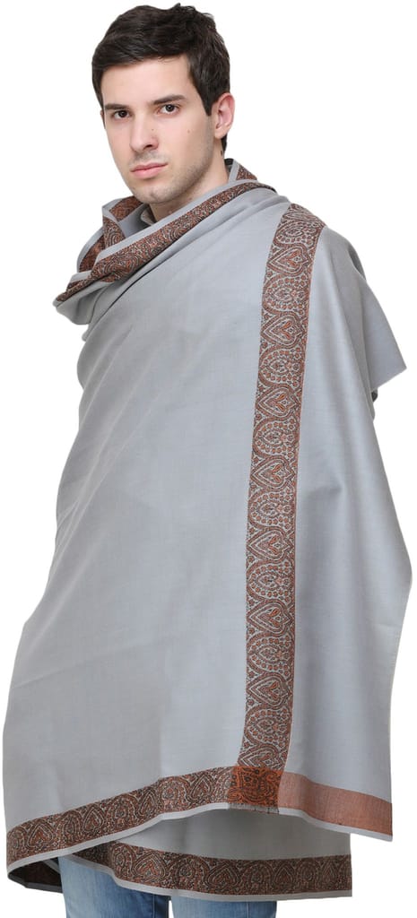 Gray Plain Men's Shawl with Brown Woven Border - Dupattas & Shawls | Buy online on ZillyBuy