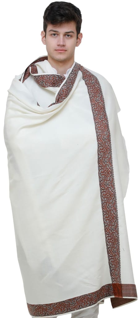 Ivory Plain Men's Shawl with Brown Woven Border - Dupattas & Shawls | Buy online on ZillyBuy