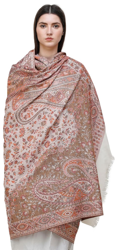 Snow-White Reversible Jamawar Shawl with Woven Paisleys - Dupattas & Shawls | Buy online on ZillyBuy