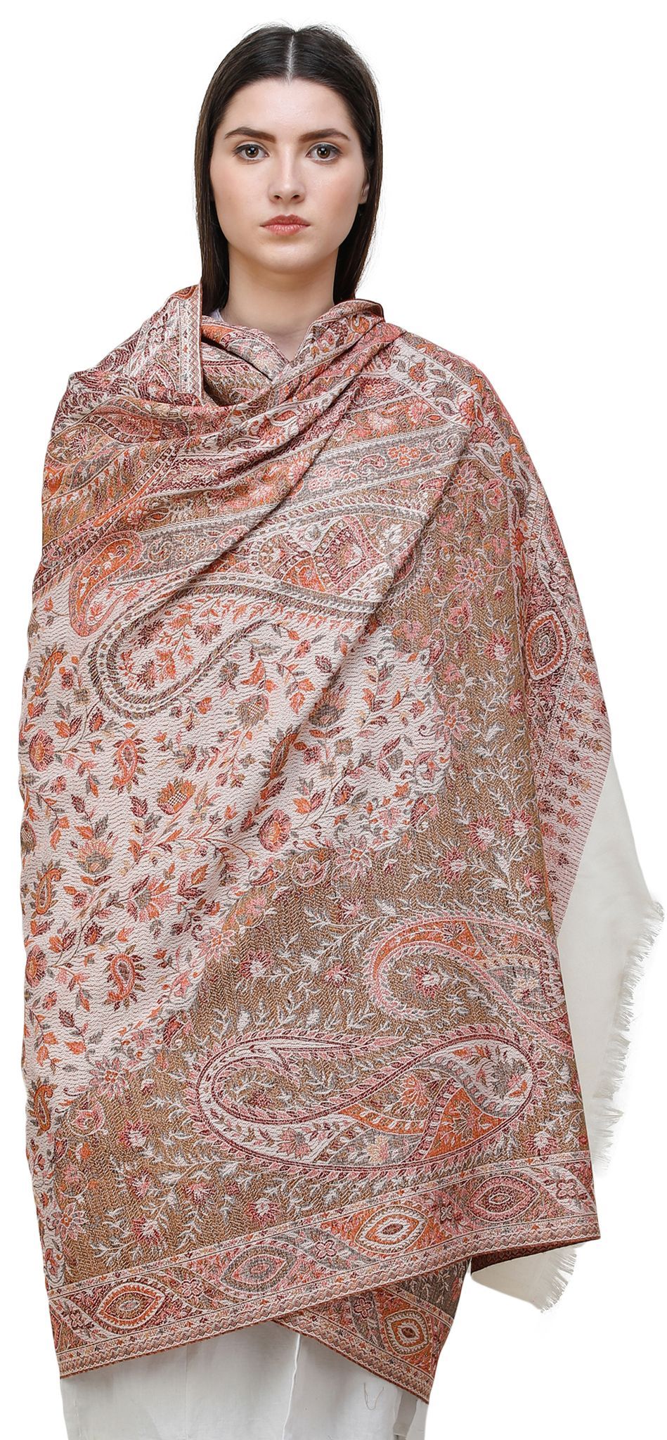 Snow-White Reversible Jamawar Shawl with Woven Paisleys