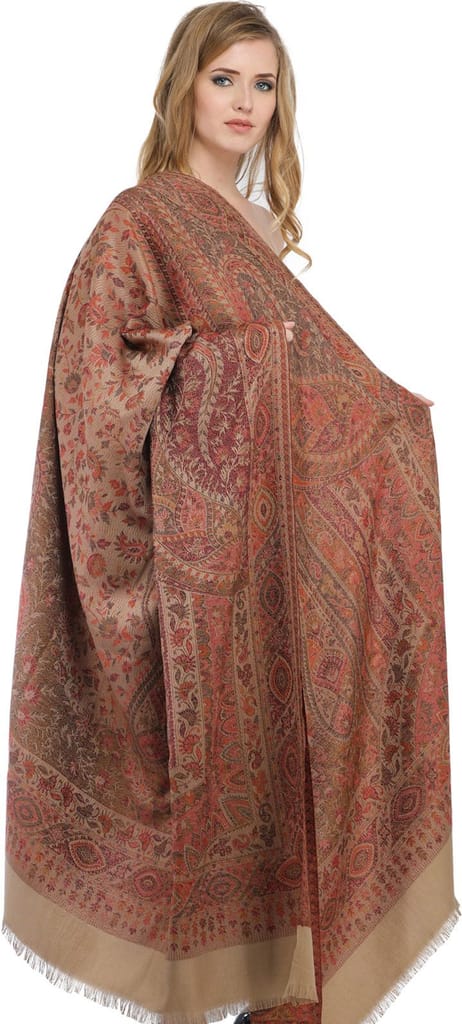 Light-Taupe Reversible Jamawar Shawl with Woven Paisleys - Dupattas & Shawls | Buy online on ZillyBuy
