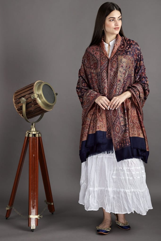 Medieval-Blue Reversible Jamawar Shawl with Woven Paisleys - Dupattas & Shawls | Buy online on ZillyBuy