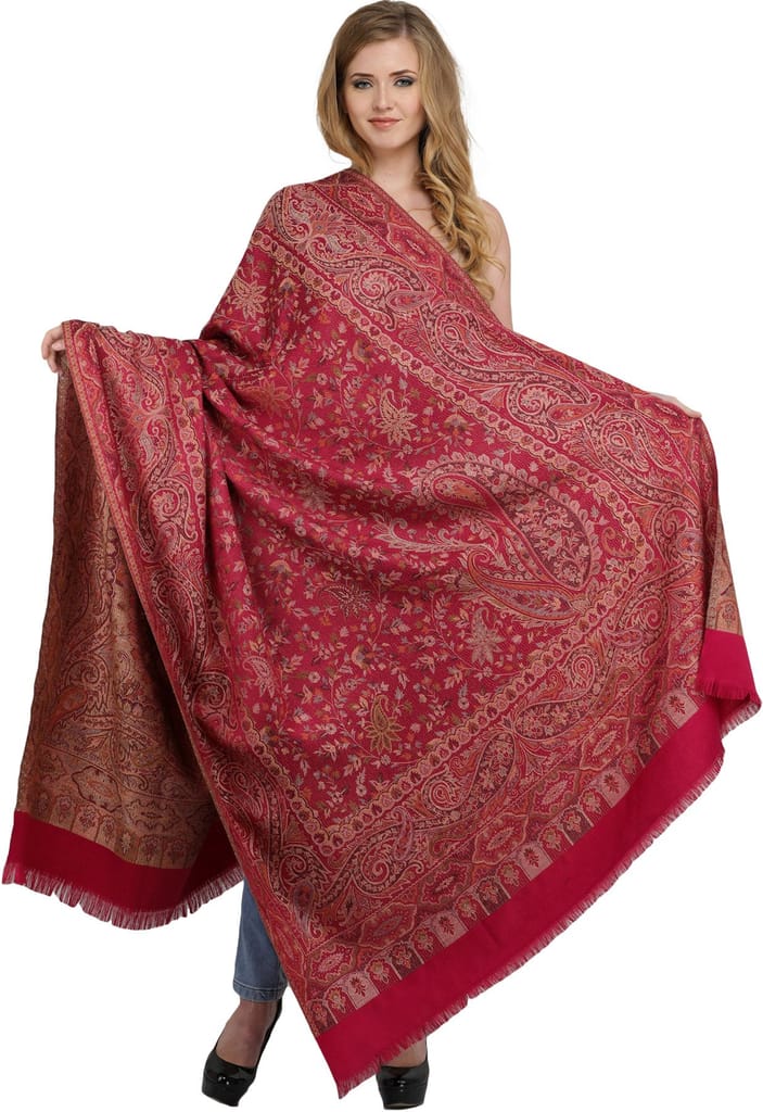 Fuchsia-Rose Reversible Jamawar Shawl with Woven Paisleys - Dupattas & Shawls | Buy online on ZillyBuy