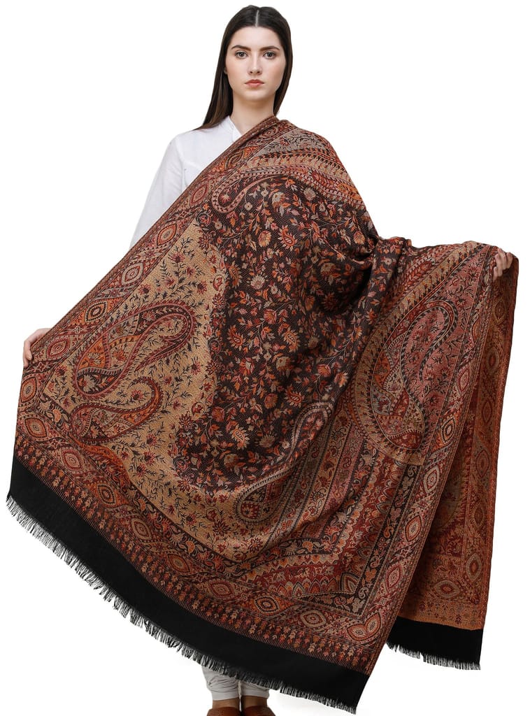 Caviar-Black Reversible Jamawar Shawl with Woven Paisleys - Dupattas & Shawls | Buy online on ZillyBuy