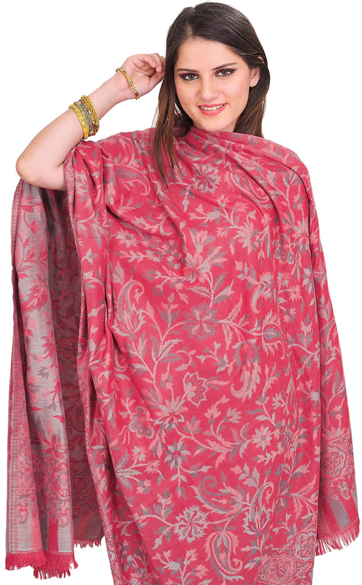 Magenta-Haze Reversible Jamawar Shawl with Woven Paisleys