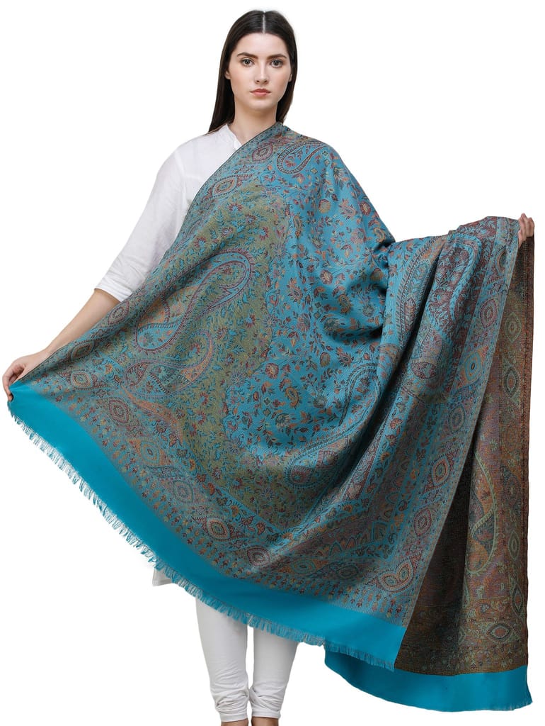 Blue-Grotto Reversible Jamawar Shawl with Woven Paisleys - Dupattas & Shawls | Buy online on ZillyBuy