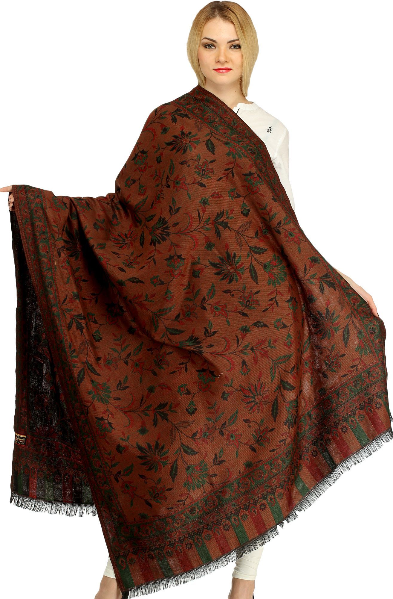 Carob-Brown Reversible Jamawar Shawl with Woven Paisleys