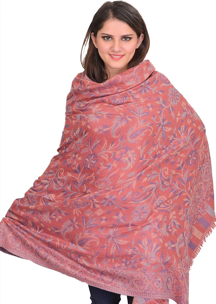 Dusty-Rose Reversible Jamawar Shawl with Woven Paisleys - Dupattas & Shawls | Buy online on ZillyBuy