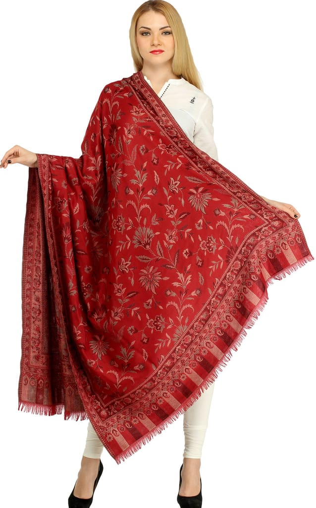 Deep-Claret Reversible Jamawar Shawl with Woven Paisleys - Dupattas & Shawls | Buy online on ZillyBuy