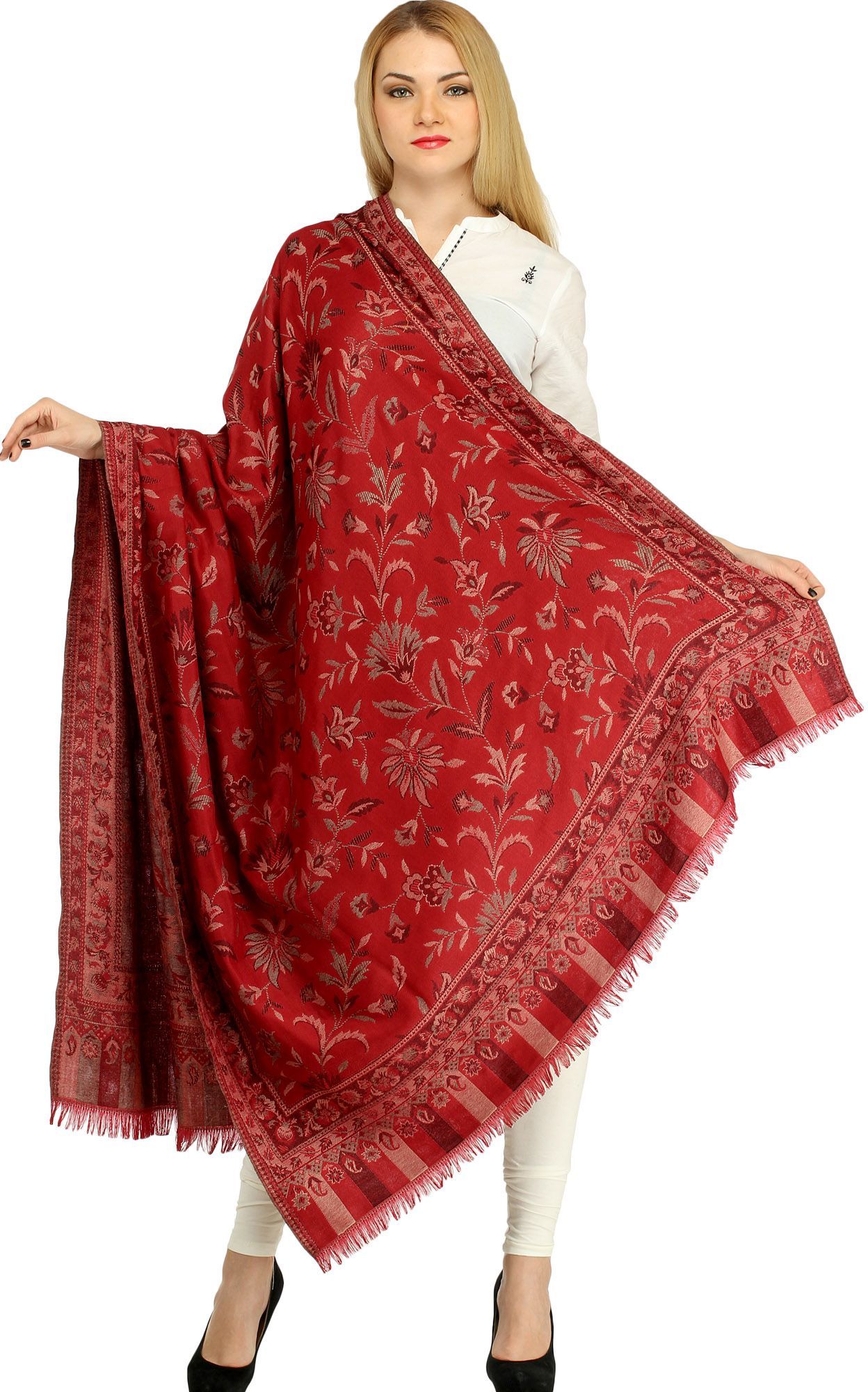 Deep-Claret Reversible Jamawar Shawl with Woven Paisleys