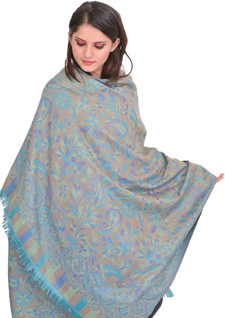 Baltic-Blue Reversible Jamawar Shawl with Woven Paisleys - Dupattas & Shawls | Buy online on ZillyBuy