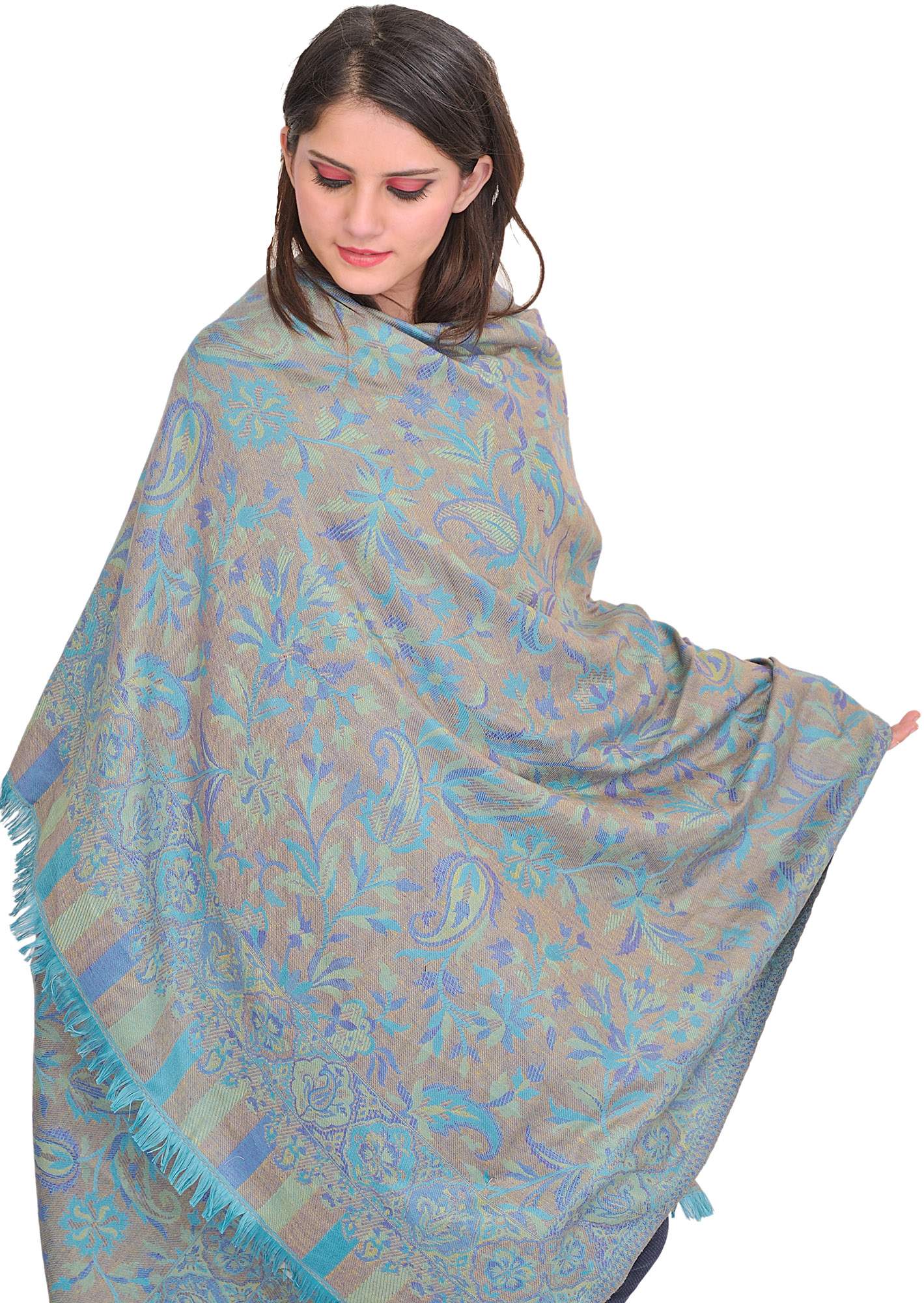 Baltic-Blue Reversible Jamawar Shawl with Woven Paisleys