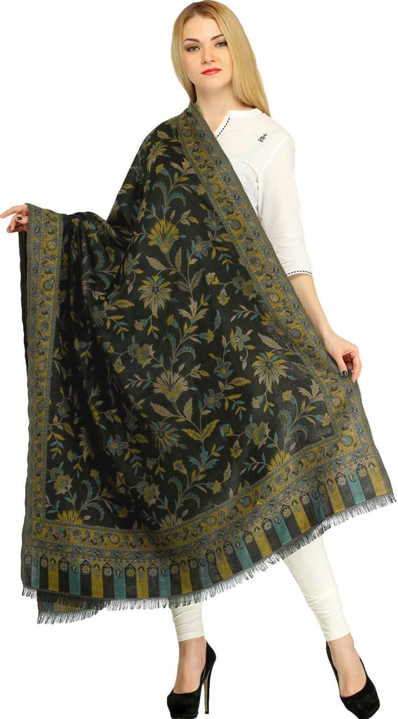 Black and Moss Reversible Jamawar Shawl with Woven Paisleys - Dupattas & Shawls | Buy online on ZillyBuy
