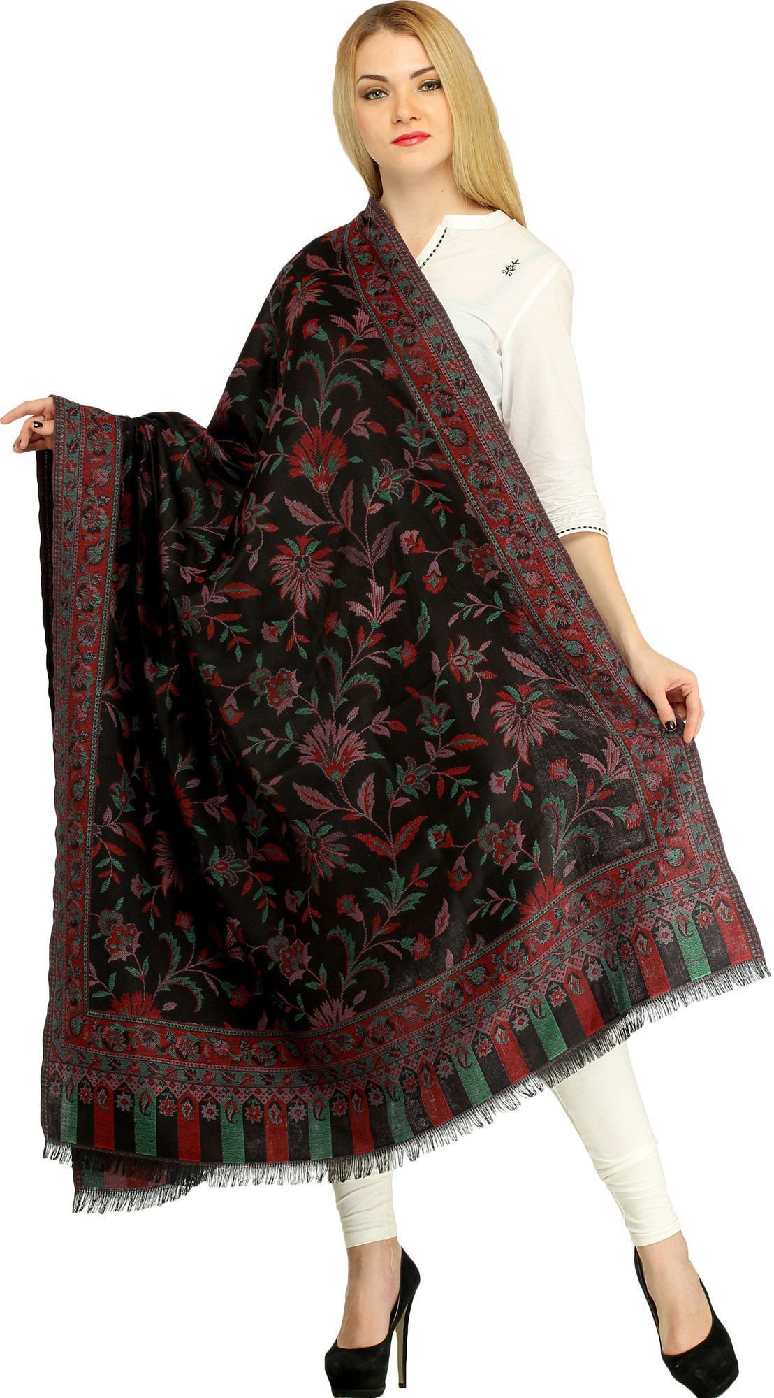 Black and Green Reversible Jamawar Shawl with Woven Paisleys