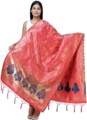 Bittersweet Brocade Dupatta from Gujarat with Birds and Geometric Motifs All-Over