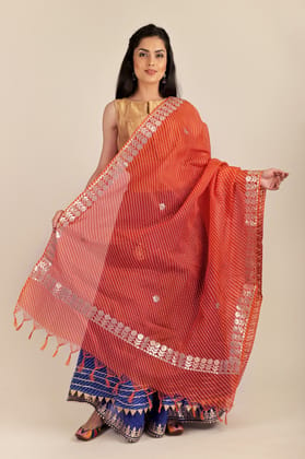 Orangeade Traditional Leheriya Tie-Dye Kota Doria Cotton Dupatta from Jodhpur