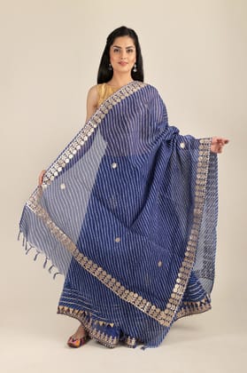Sodalite-Blue Traditional Leheriya Tie-Dye Kota Doria Cotton Dupatta from Jodhpur