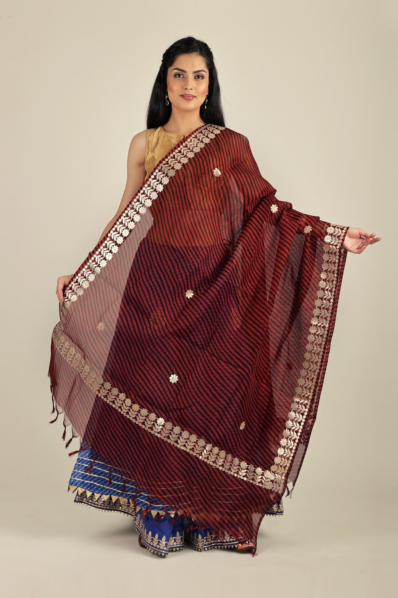 Lava-Falls Leheria Kota Doria Extra-Wide Dupatta from Jodhpur with Gota Border