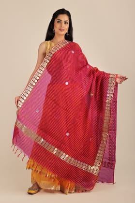 Bright-Rose Leheria Kota Doria Extra-Wide Dupatta from Jodhpur with Gota Border