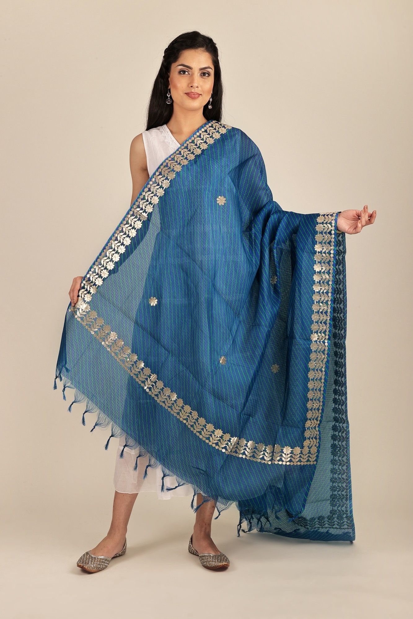 Dazzling-Blue Leheria Kota Doria Extra-Wide Dupatta from Jodhpur with Gota Border