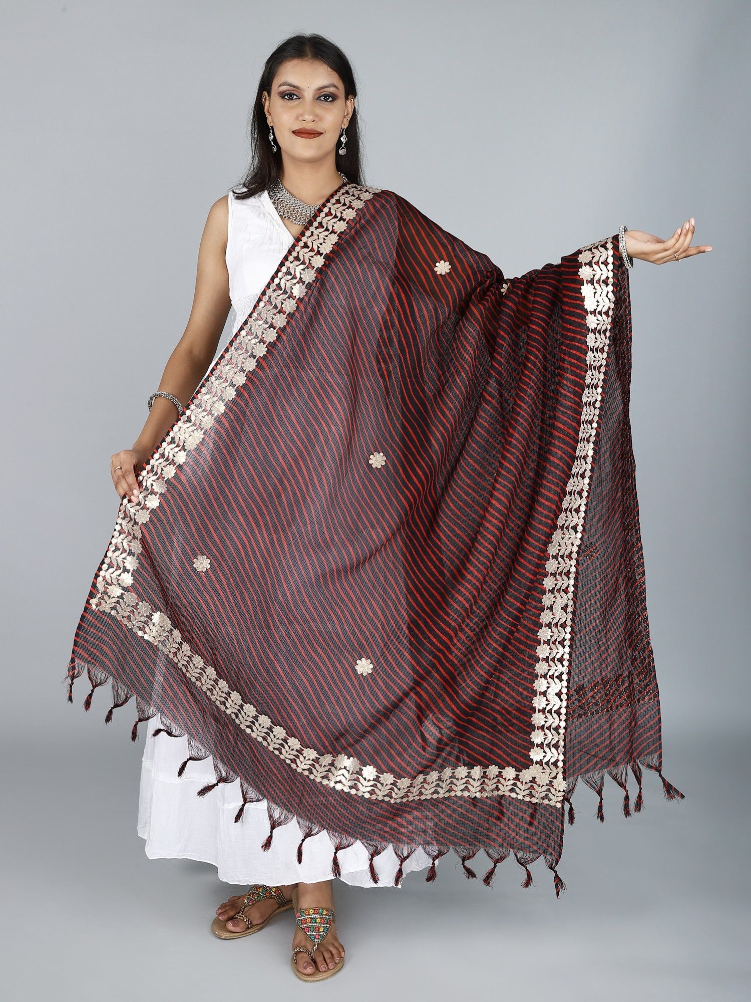 Black Leheria Kota Doria Extra-Wide Dupatta from Jodhpur with Gota Border