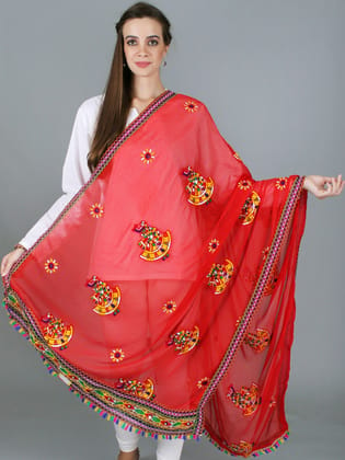Red Phulkari Dupatta With Sequin Embroidered Dandiya Motif And Saori Lace On The Borders From Rajasthan
